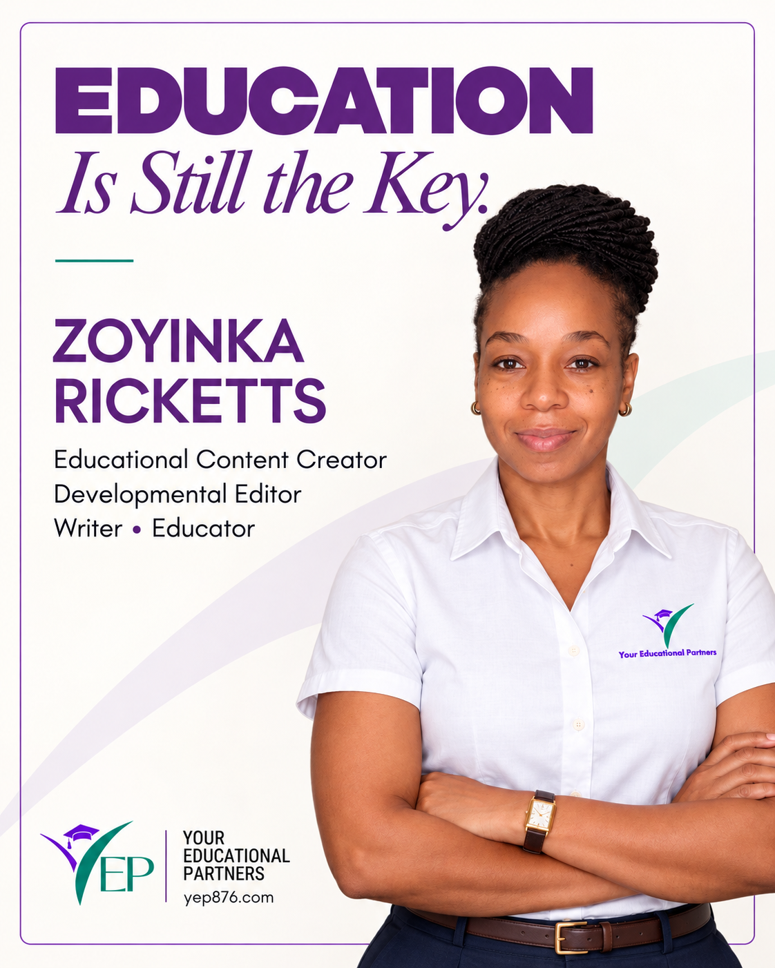 Founder of Your Educational Partners in a white branded shirt